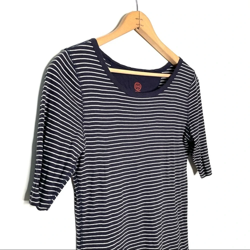 Tory Burch | Navy Blue and White Stripe Tee With Sleeve Pocket